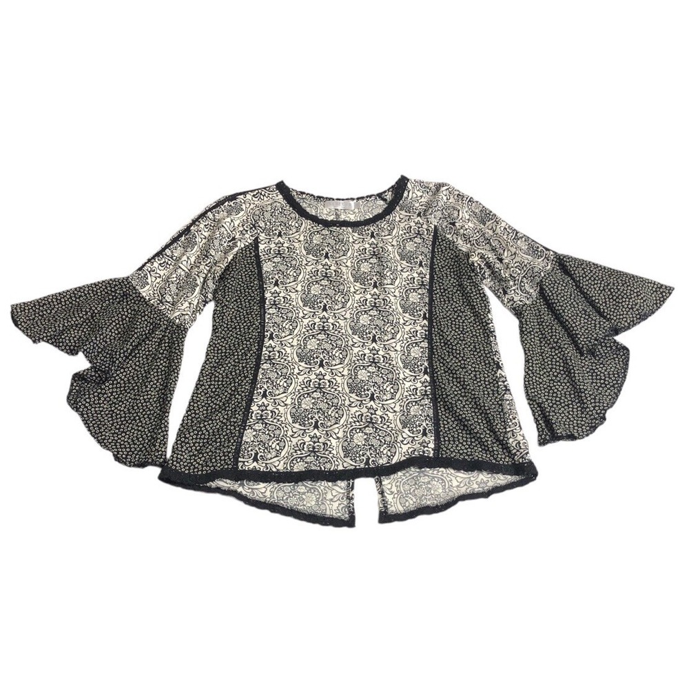 Solitaire By Ravi Khosla Top Womens M Paisley Floral Eyelet Crochet Bell Sleeve